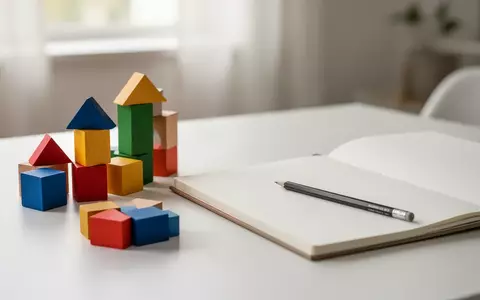 Bunte Holzbausteine und ein leeres Skizzenbuch auf einem Holztisch als Symbol für kreative Lernmethoden. - Foto: über boerse-global.de