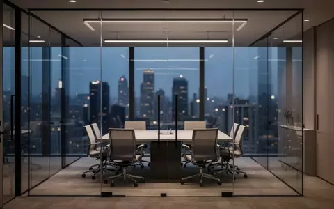 Ein minimalistischer, leerer Konferenzraum in einem modernen Bürogebäude bei Dämmerung mit Blick auf eine nächtliche Stadt. - Foto: über boerse-global.de