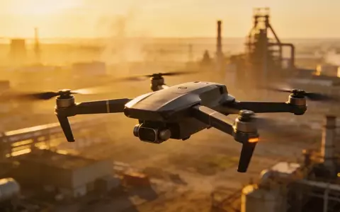 Eine moderne Drohne fliegt über ein Industriegelände bei Sonnenuntergang. - Foto: über boerse-global.de