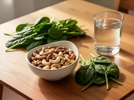 Eine Schale mit Nüssen und frischem Blattgemüse auf einem Holztisch als Symbol für gesunde Ernährung und Stressmanagement. - Foto: über boerse-global.de