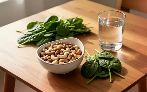 Eine Schale mit Nüssen und frischem Blattgemüse auf einem Holztisch als Symbol für gesunde Ernährung und Stressmanagement. - Foto: über boerse-global.de