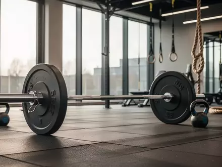 Ein minimalistisch eingerichteter Fitnessraum mit einer Langhantel, Kettlebells und einem Kletterseil im Hintergrund. - Foto: über boerse-global.de