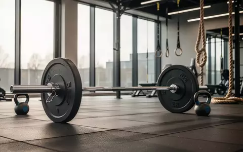 Ein minimalistisch eingerichteter Fitnessraum mit einer Langhantel, Kettlebells und einem Kletterseil im Hintergrund. - Foto: über boerse-global.de