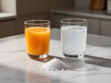 Ein Glas Orangensaft, ein Glas Kokoswasser und eine kleine Menge Meersalz auf einem Marmortisch in hellem Morgenlicht. - Foto: über boerse-global.de