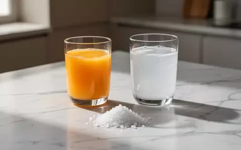 Ein Glas Orangensaft, ein Glas Kokoswasser und eine kleine Menge Meersalz auf einem Marmortisch in hellem Morgenlicht. - Foto: über boerse-global.de