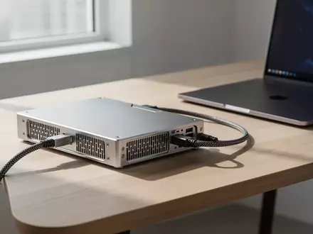 Ein externes Grafikkarten-Gehäuse aus Aluminium auf einem modernen Schreibtisch neben einem geschlossenen Laptop. - Foto: über boerse-global.de