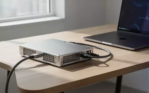 Ein externes Grafikkarten-Gehäuse aus Aluminium auf einem modernen Schreibtisch neben einem geschlossenen Laptop. - Foto: über boerse-global.de