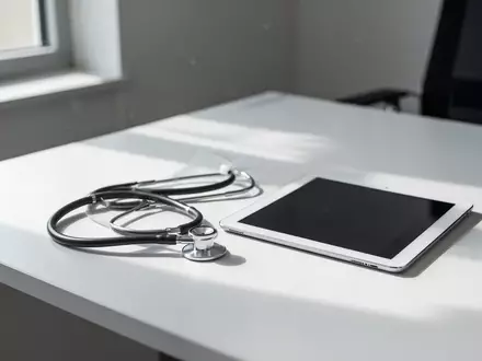 Ein minimalistischer Schreibtisch in einer Arztpraxis mit einem Stethoskop und einem ausgeschalteten Tablet. - Foto: über boerse-global.de