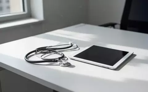 Ein minimalistischer Schreibtisch in einer Arztpraxis mit einem Stethoskop und einem ausgeschalteten Tablet. - Foto: über boerse-global.de