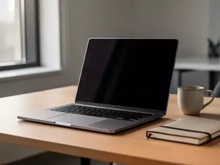 Ein moderner, aufgeräumter Arbeitsplatz mit einem Laptop, einer Kaffeetasse und einem Notizbuch auf einem Holztisch. - Foto: über boerse-global.de