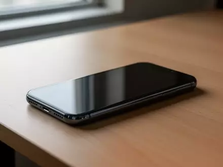 Ein modernes Smartphone liegt auf einem minimalistischen Holztisch bei natürlichem Licht, der Bildschirm ist dunkel. - Foto: über boerse-global.de