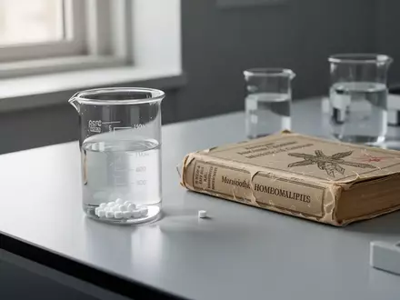 Kleine weiße Globuli in einem Laborbecher neben einem medizinischen Fachbuch auf einem Labortisch. - Foto: über boerse-global.de
