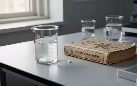 Kleine weiße Globuli in einem Laborbecher neben einem medizinischen Fachbuch auf einem Labortisch. - Foto: über boerse-global.de