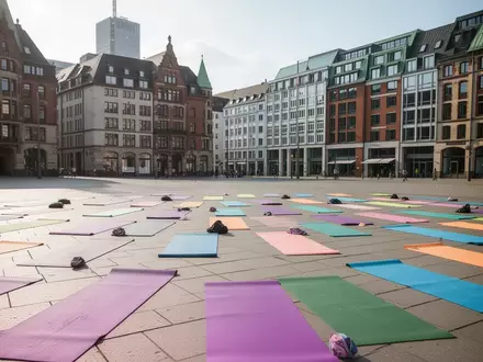 Leere Yogamatten auf dem Hamburger Spielbudenplatz bei Tageslicht, vorbereitet für eine Outdoor-Yoga-Veranstaltung. - Foto: über boerse-global.de