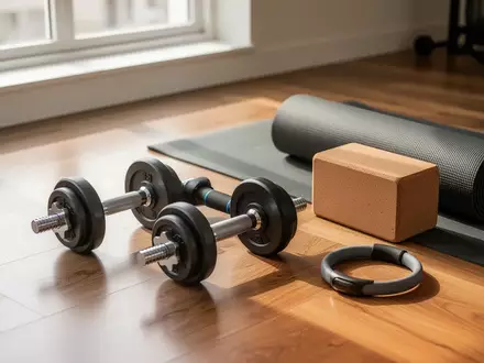 Verschiedene Fitnessgeräte wie verstellbare Hanteln, eine Yogamatte und ein Yogaring in einem hellen, minimalistischen Raum. - Foto: über boerse-global.de