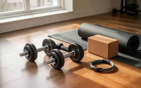 Verschiedene Fitnessgeräte wie verstellbare Hanteln, eine Yogamatte und ein Yogaring in einem hellen, minimalistischen Raum. - Foto: über boerse-global.de