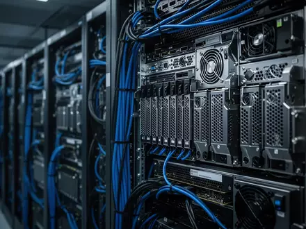 Moderne Server-Racks in einem Rechenzentrum mit blauer Beleuchtung und geordneter Verkabelung. - Foto: über boerse-global.de