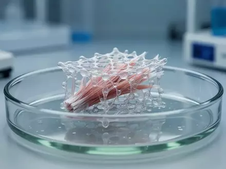 Ein bio-technisches Muskel-Implantat in einer sterilen Laborschale unter einem Mikroskop. - Foto: über boerse-global.de