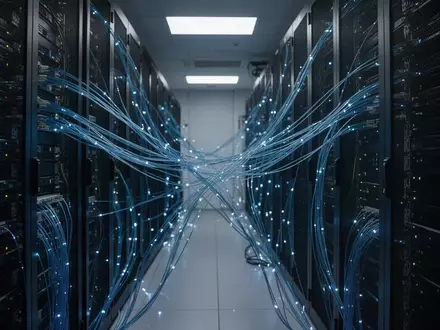 Moderne Serverräume mit leuchtenden Glasfaserkabeln und dunklen Serverschränken in einer Finanztechnologieumgebung. - Foto: über boerse-global.de