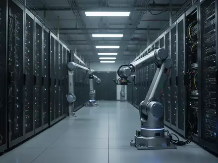 Ein industrieller Roboterarm arbeitet in einem modernen Rechenzentrum zwischen hohen Server-Racks. - Foto: über boerse-global.de
