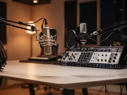 Ein professionelles Studiomikrofon auf einem Schwenkarm in einem modernen, minimalistischen Aufnahmestudio. - Foto: über boerse-global.de