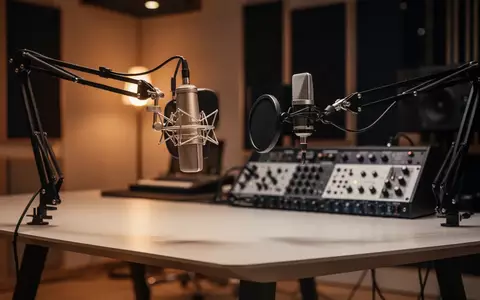 Ein professionelles Studiomikrofon auf einem Schwenkarm in einem modernen, minimalistischen Aufnahmestudio. - Foto: über boerse-global.de