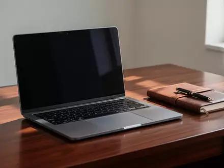 Ein aufgeräumter Schreibtisch mit einem Laptop mit schwarzem Bildschirm, einem Notizbuch und einem Füllfederhalter bei natürlichem Tageslicht. - Foto: über boerse-global.de