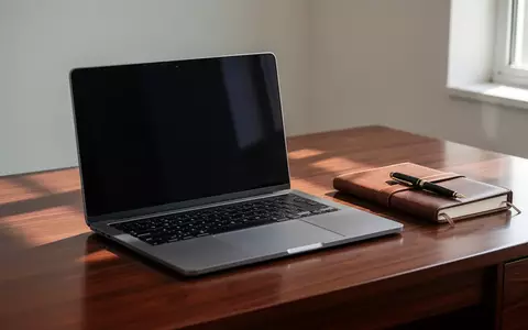 Ein aufgeräumter Schreibtisch mit einem Laptop mit schwarzem Bildschirm, einem Notizbuch und einem Füllfederhalter bei natürlichem Tageslicht. - Foto: über boerse-global.de