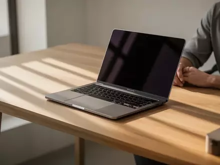 Ein geschlossener Laptop auf einem minimalistischen Schreibtisch in einem modernen Büro. - Foto: über boerse-global.de