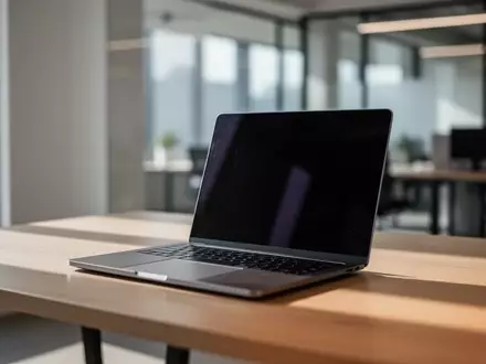 Ein dunkler Laptop auf einem modernen Schreibtisch in einem hellen Büro, symbolisch für digitale Sicherheit und Aufklärung. - Foto: über boerse-global.de