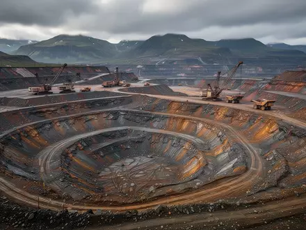 Ein weitläufiges Kupfer-Tagebaugelände in einer bergigen Landschaft unter bewölktem Himmel. - Foto: über boerse-global.de