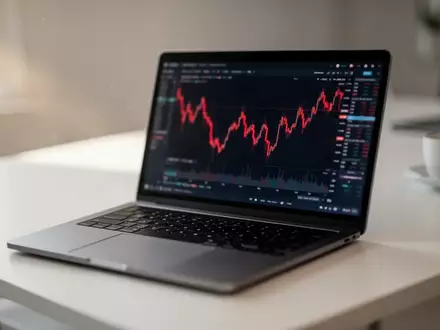 Ein verschwommener Blick auf einen Laptop-Bildschirm mit fallenden Kursverläufen in einem modernen Büro. - Foto: über boerse-global.de