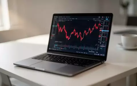 Ein verschwommener Blick auf einen Laptop-Bildschirm mit fallenden Kursverläufen in einem modernen Büro. - Foto: über boerse-global.de