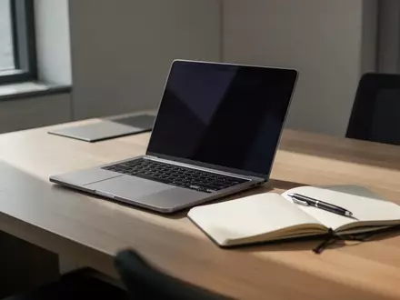 Ein minimalistischer Arbeitsplatz mit einem Laptop mit dunklem Bildschirm und einem Notizbuch in einer hellen Büroumgebung. - Foto: über boerse-global.de