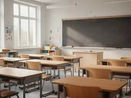 Ein heller, leerer Grundschulklassenraum mit Holztischen und Stühlen bei natürlichem Tageslicht. - Foto: über boerse-global.de