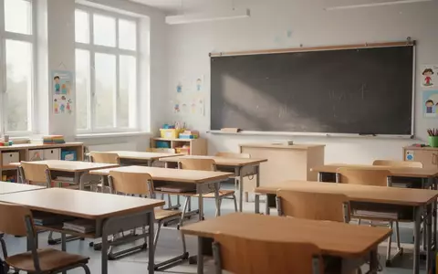Ein heller, leerer Grundschulklassenraum mit Holztischen und Stühlen bei natürlichem Tageslicht. - Foto: über boerse-global.de