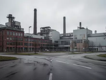 Industriegelände mit Fabrikgebäuden und Schornsteinen in Speyer an einem bewölkten Tag. - Foto: über boerse-global.de