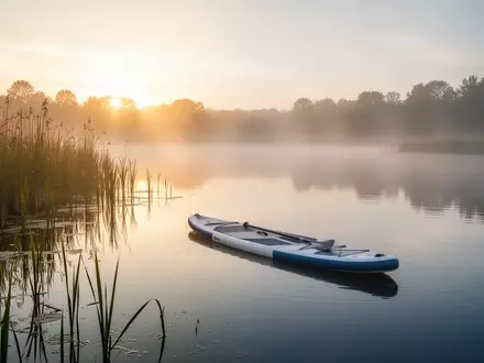 Ein ruhiger See bei Sonnenaufgang mit einem Stand-up-Paddleboard am Schilfufer in einer naturnahen Umgebung. - Foto: über boerse-global.de