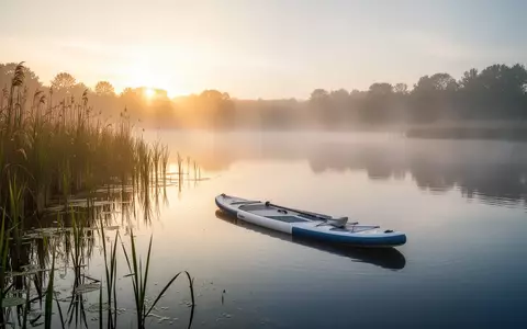 Ein ruhiger See bei Sonnenaufgang mit einem Stand-up-Paddleboard am Schilfufer in einer naturnahen Umgebung. - Foto: über boerse-global.de