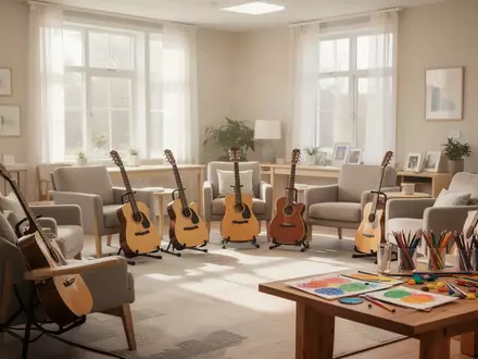 Ein heller, freundlicher Gemeinschaftsraum mit Sitzgelegenheiten, Gitarren und Kunstmaterialien als Symbol für soziale Teilhabe. - Foto: über boerse-global.de