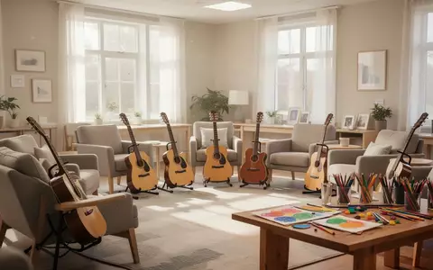 Ein heller, freundlicher Gemeinschaftsraum mit Sitzgelegenheiten, Gitarren und Kunstmaterialien als Symbol für soziale Teilhabe. - Foto: über boerse-global.de