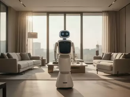 Ein moderner, humanoider Begleiterroboter steht in einem hellen, minimalistisch eingerichteten Wohnzimmer. - Foto: über boerse-global.de