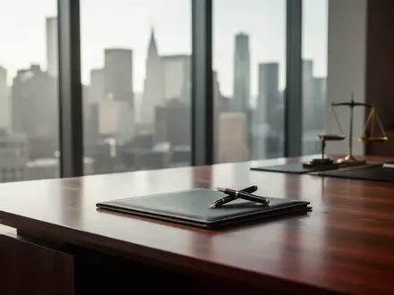 Ein minimalistisches, modernes Anwaltsbüro mit einem Schreibtisch, einem Notizbuch und natürlichem Lichteinfall. - Foto: über boerse-global.de