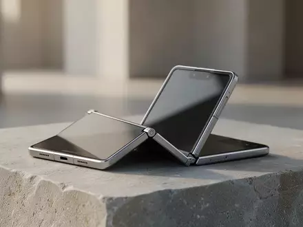 Ein modernes, teilweise aufgeklapptes faltbares Smartphone liegt auf einer strukturierten Steinoberfläche. - Foto: über boerse-global.de