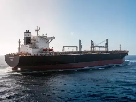 Ein großes Frachtschiff auf dem offenen Meer bei klarem Tageslicht. - Foto: über boerse-global.de