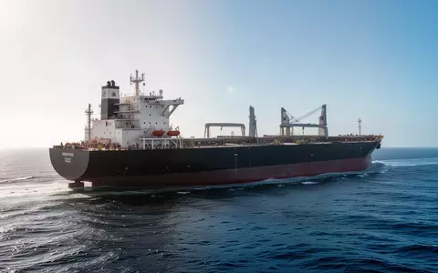 Ein großes Frachtschiff auf dem offenen Meer bei klarem Tageslicht. - Foto: über boerse-global.de