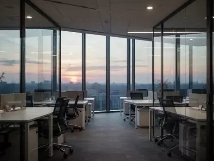 Ein leeres, modernes Büro bei Dämmerung, das die wirtschaftliche Belastung durch krankheitsbedingte Fehlzeiten symbolisiert. - Foto: über boerse-global.de