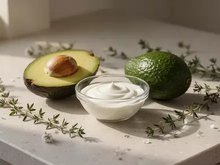 Frische Avocado und eine cremige Pflegebasis in einer minimalistischen Küchenumgebung mit natürlichem Licht. - Foto: über boerse-global.de