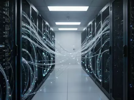 Ein moderner Serverraum mit leuchtenden Glasfaserkabeln und dunklen Hardware-Racks, die eine sichere Datenumgebung symbolisieren. - Foto: über boerse-global.de