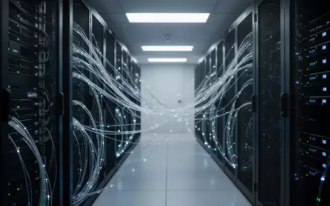 Ein moderner Serverraum mit leuchtenden Glasfaserkabeln und dunklen Hardware-Racks, die eine sichere Datenumgebung symbolisieren. - Foto: über boerse-global.de